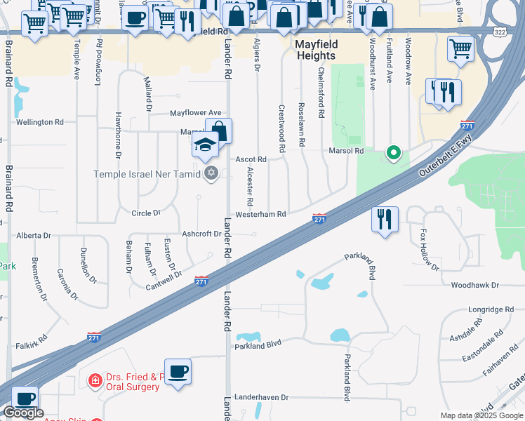 map of restaurants, bars, coffee shops, grocery stores, and more near 1788 Bellingham Road in Mayfield Heights