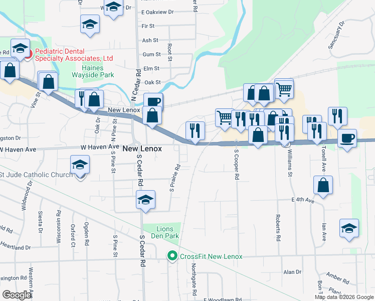 map of restaurants, bars, coffee shops, grocery stores, and more near 273 East Haven Avenue in New Lenox