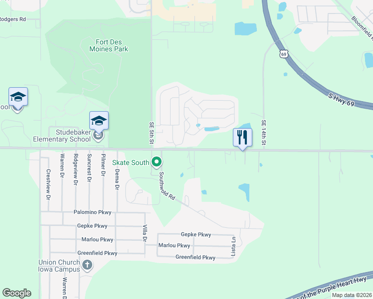 map of restaurants, bars, coffee shops, grocery stores, and more near 728 County Line Road in Des Moines