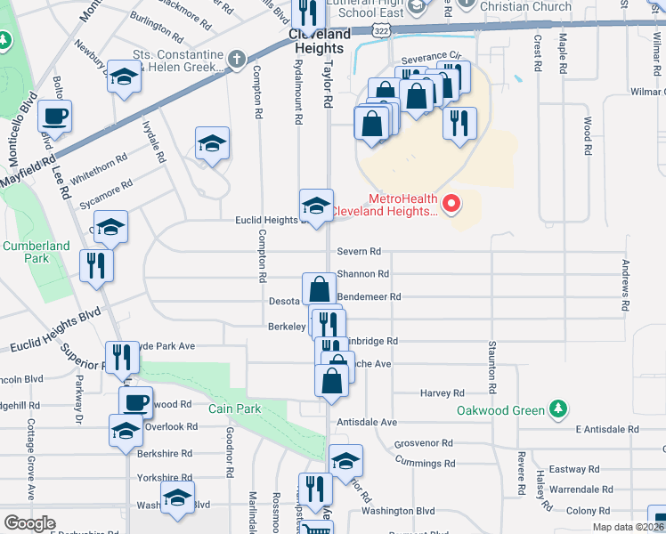 map of restaurants, bars, coffee shops, grocery stores, and more near 3486 Severn Road in Cleveland Heights