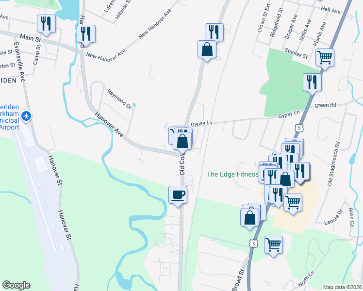 map of restaurants, bars, coffee shops, grocery stores, and more near 1012 Old Colony Road in Meriden