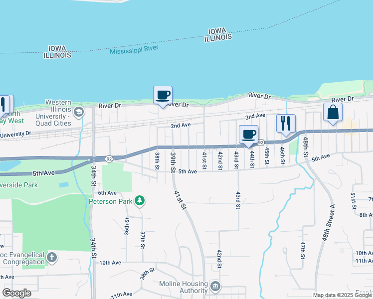 map of restaurants, bars, coffee shops, grocery stores, and more near 3918 4th Avenue in Moline