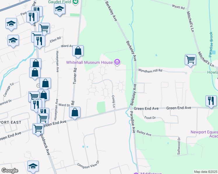 map of restaurants, bars, coffee shops, grocery stores, and more near 301 Corey Lane in Middletown