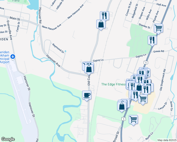 map of restaurants, bars, coffee shops, grocery stores, and more near 1012 Old Colony Road in Meriden