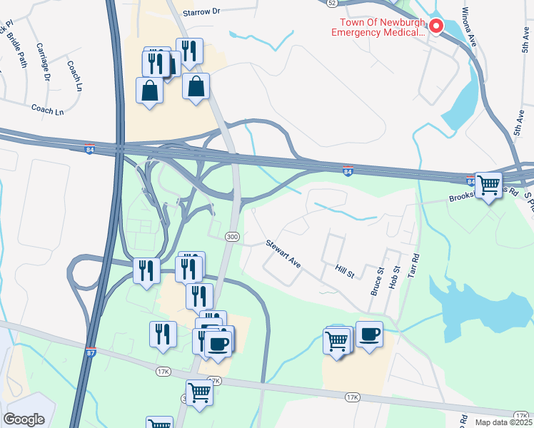 map of restaurants, bars, coffee shops, grocery stores, and more near 112 Stewart Avenue Extension in Newburgh