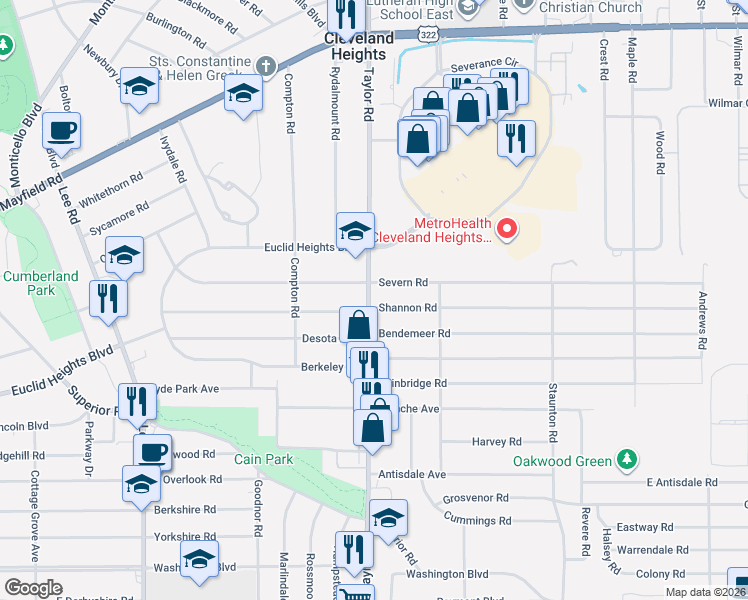 map of restaurants, bars, coffee shops, grocery stores, and more near 3486 Severn Road in Cleveland Heights