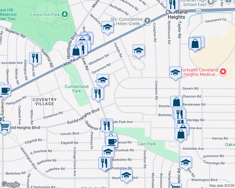 map of restaurants, bars, coffee shops, grocery stores, and more near 3248 Euclid Heights Boulevard in Cleveland Heights