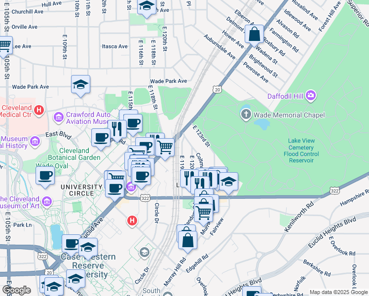 map of restaurants, bars, coffee shops, grocery stores, and more near 119 East 119th Street in Cleveland