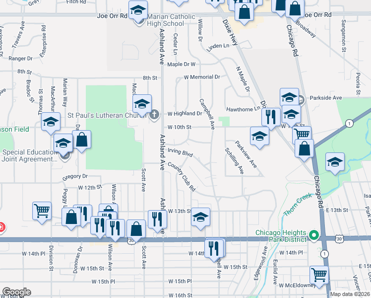 map of restaurants, bars, coffee shops, grocery stores, and more near 260 Chestnut Avenue in South Chicago Heights