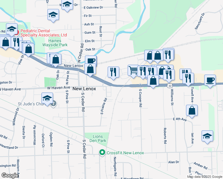 map of restaurants, bars, coffee shops, grocery stores, and more near 273 East Haven Avenue in New Lenox