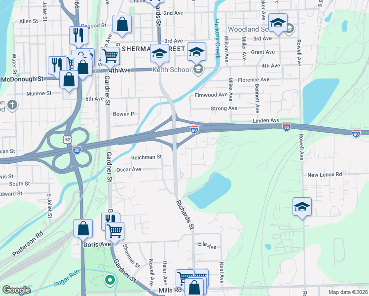 map of restaurants, bars, coffee shops, grocery stores, and more near 614 Ashley Court in Joliet
