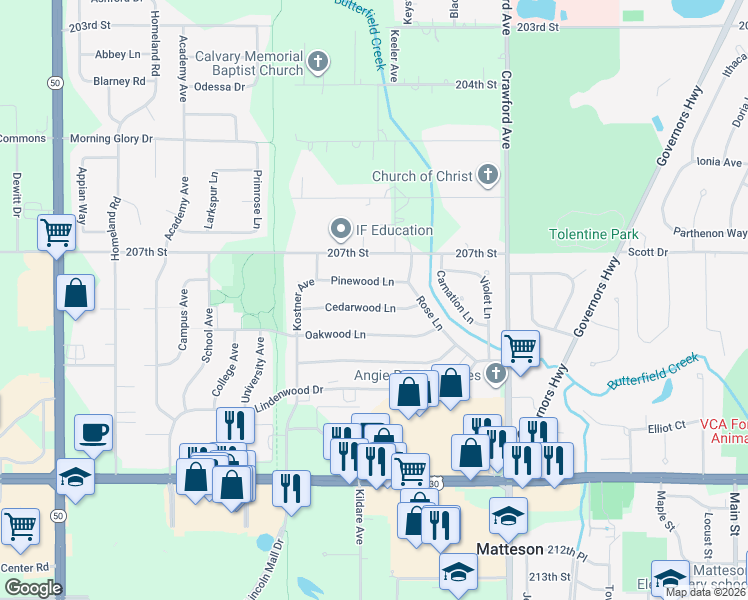 map of restaurants, bars, coffee shops, grocery stores, and more near 4217 Pinewood Lane in Matteson