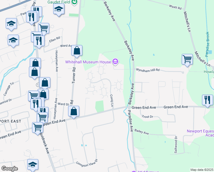 map of restaurants, bars, coffee shops, grocery stores, and more near 301 Corey Lane in Middletown