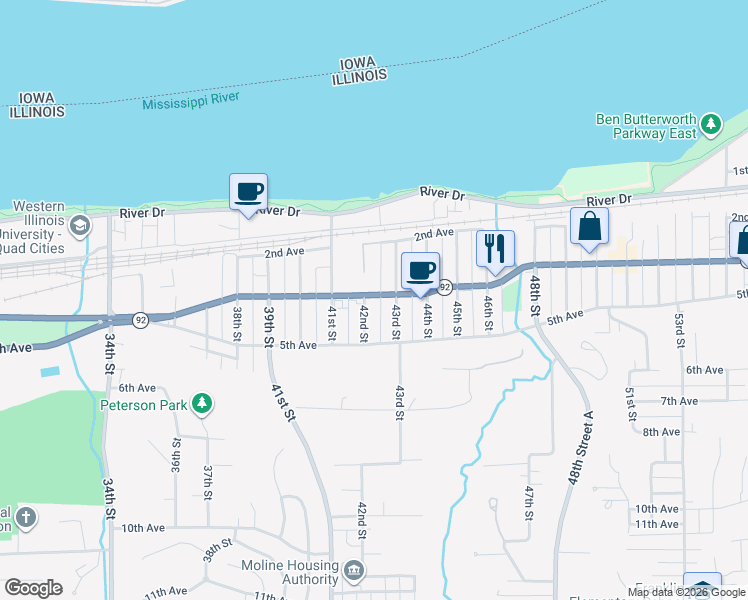 map of restaurants, bars, coffee shops, grocery stores, and more near 4240 4th Avenue in Moline