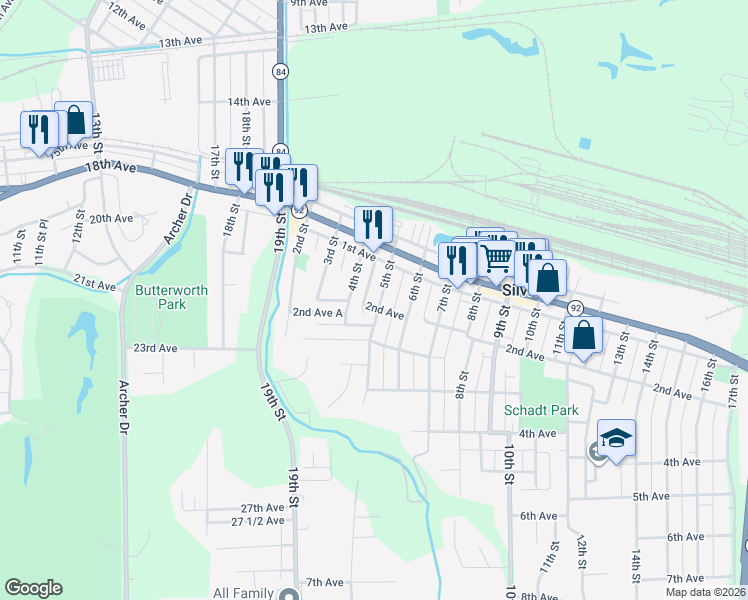 map of restaurants, bars, coffee shops, grocery stores, and more near 126 5th Street in Silvis