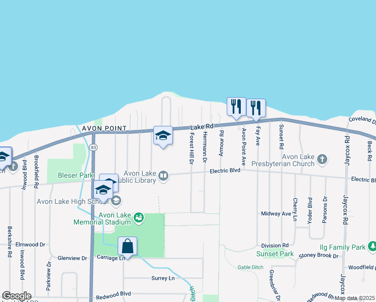map of restaurants, bars, coffee shops, grocery stores, and more near 32599 Lake Road in Avon Lake