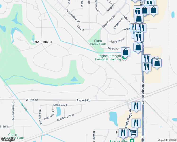 map of restaurants, bars, coffee shops, grocery stores, and more near 523 Turnberry Drive in Schererville