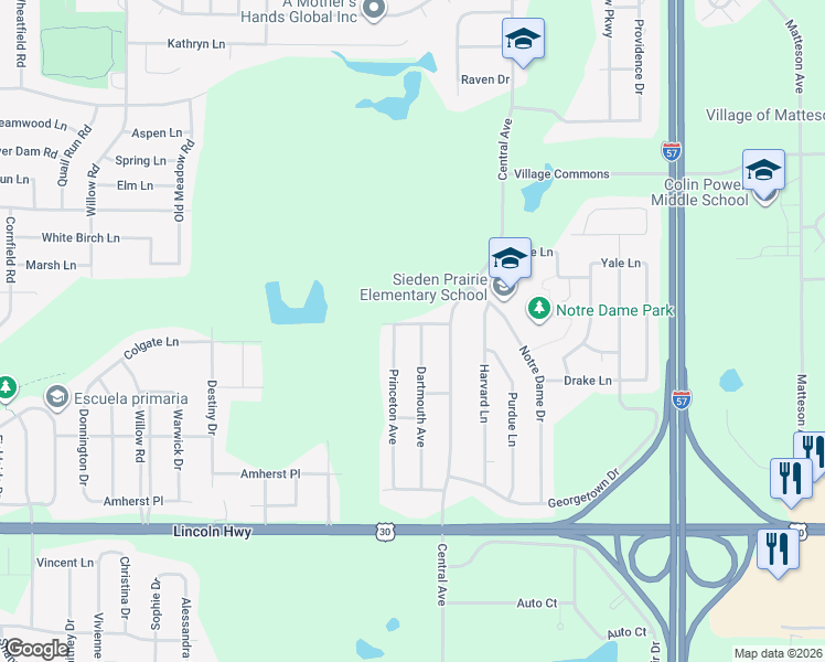 map of restaurants, bars, coffee shops, grocery stores, and more near 5632 Colgate Lane in Matteson