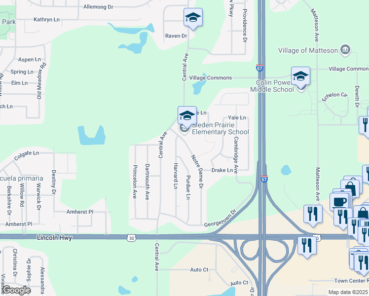 map of restaurants, bars, coffee shops, grocery stores, and more near 750 Notre Dame Drive in Matteson