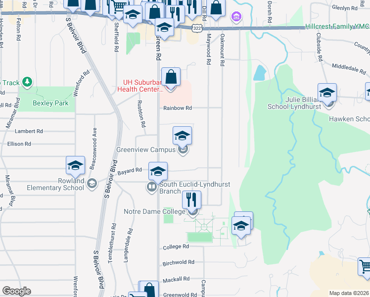 map of restaurants, bars, coffee shops, grocery stores, and more near 1825 South Green Road in South Euclid