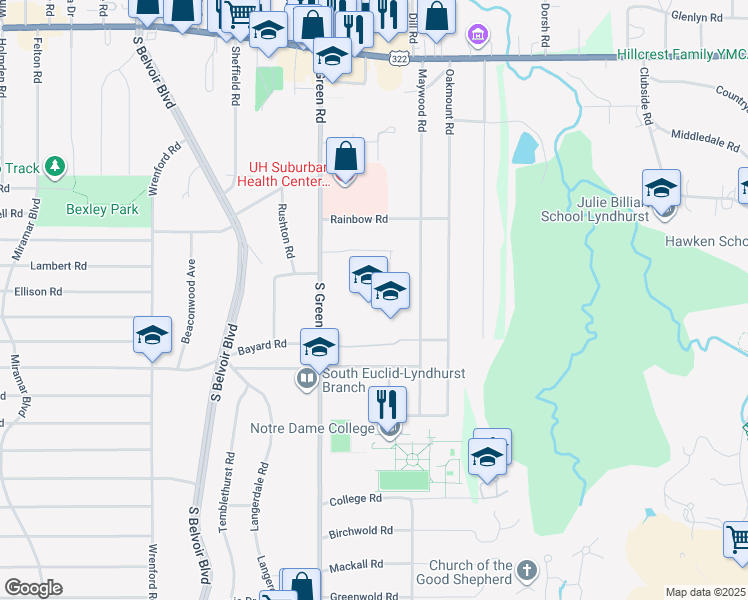 map of restaurants, bars, coffee shops, grocery stores, and more near 1825 South Green Road in South Euclid