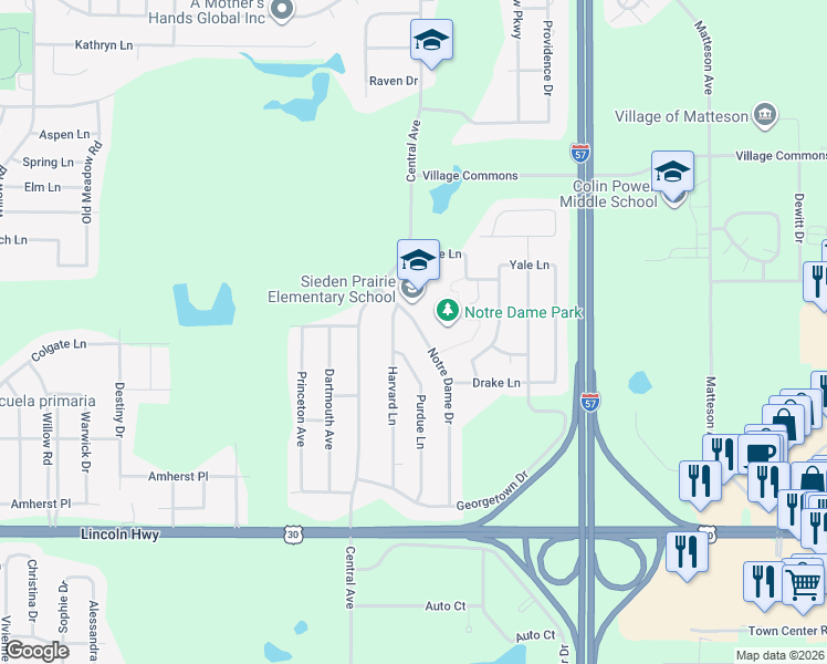 map of restaurants, bars, coffee shops, grocery stores, and more near 750 Notre Dame Drive in Matteson
