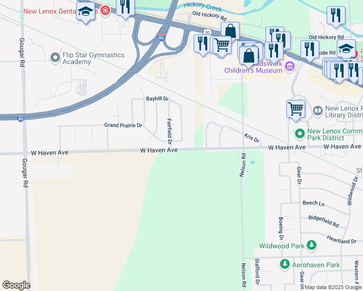 map of restaurants, bars, coffee shops, grocery stores, and more near 40 Whisper Creek Drive in New Lenox