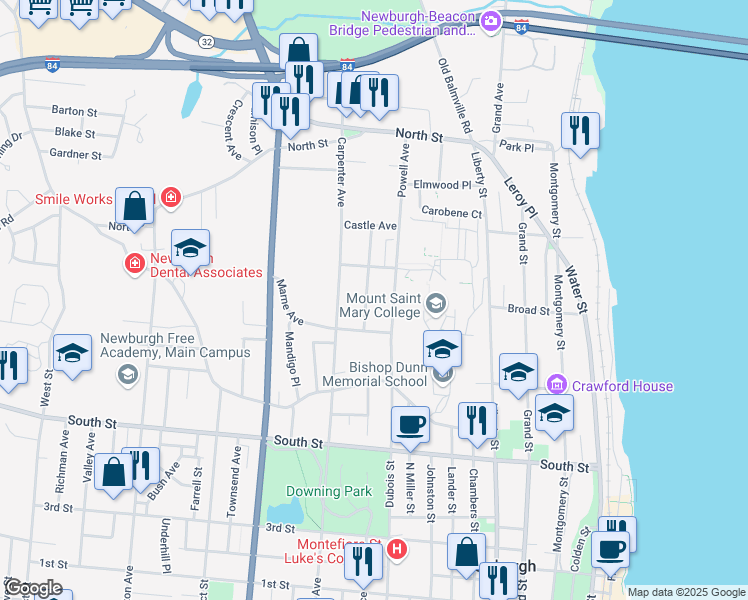 map of restaurants, bars, coffee shops, grocery stores, and more near 14 City Terrace in Newburgh