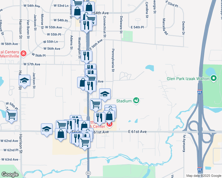 map of restaurants, bars, coffee shops, grocery stores, and more near 5840 Pennsylvania Street in Merrillville