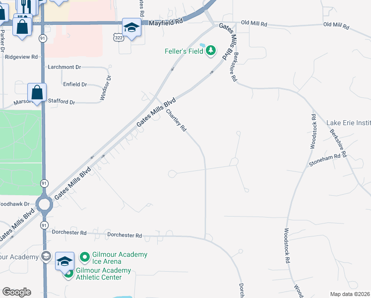 map of restaurants, bars, coffee shops, grocery stores, and more near 1742 Chartley Road in Gates Mills