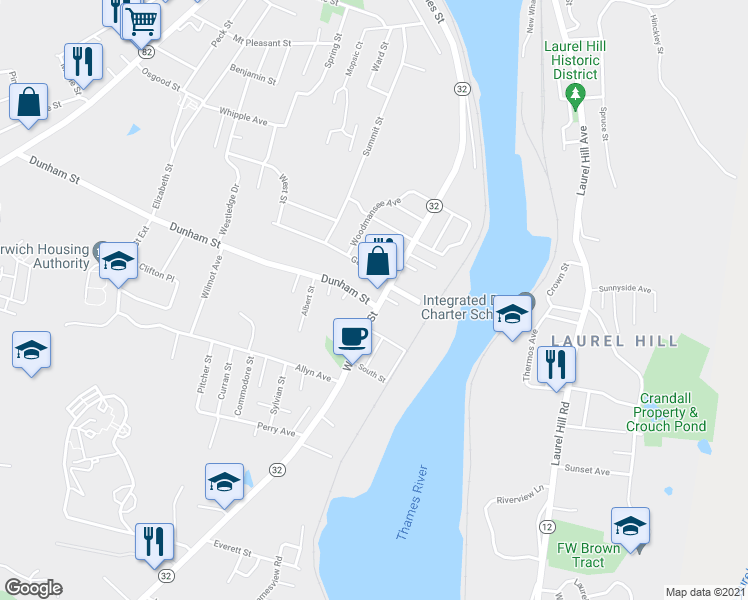 map of restaurants, bars, coffee shops, grocery stores, and more near 17 Dunham Street in Norwich