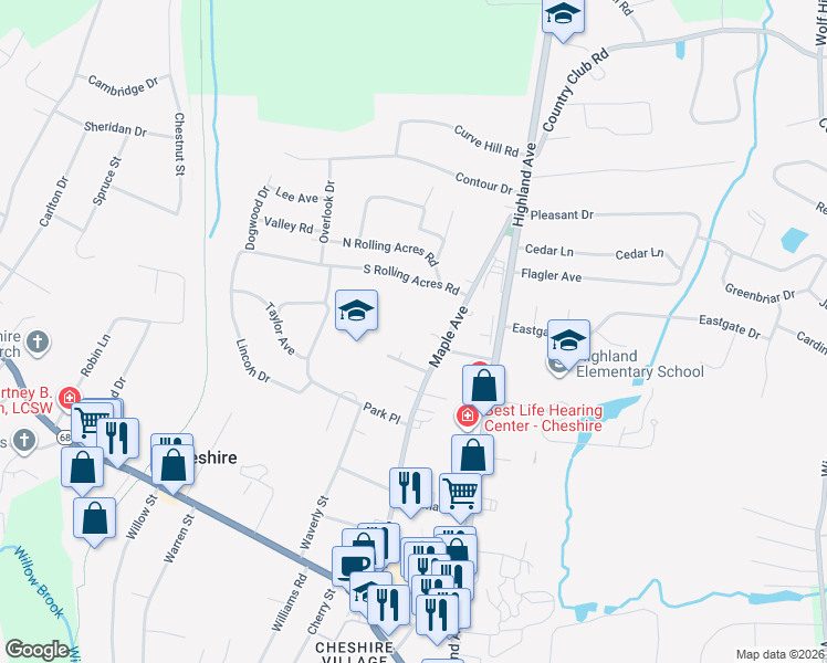 map of restaurants, bars, coffee shops, grocery stores, and more near 501 Maple Avenue in Cheshire