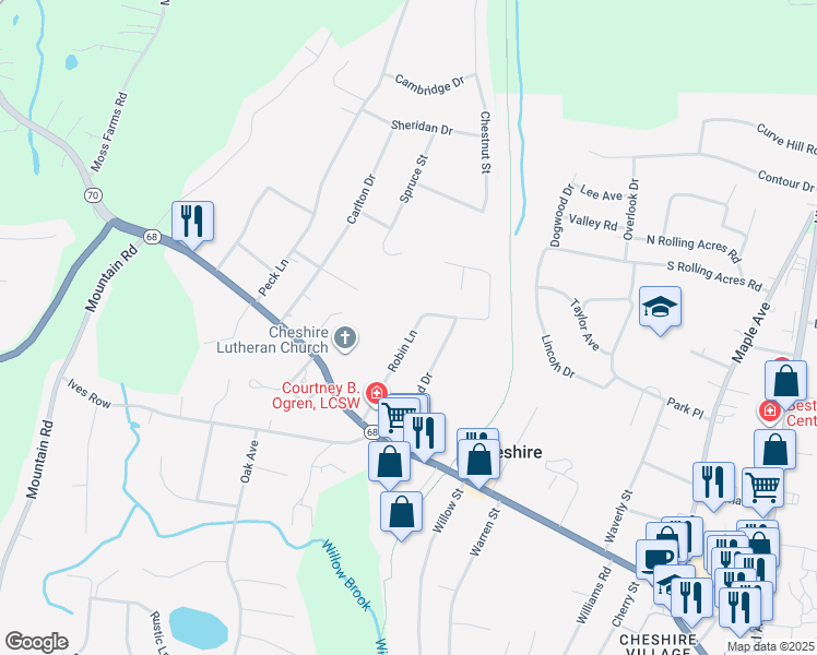 map of restaurants, bars, coffee shops, grocery stores, and more near 147 Robin Lane in Cheshire