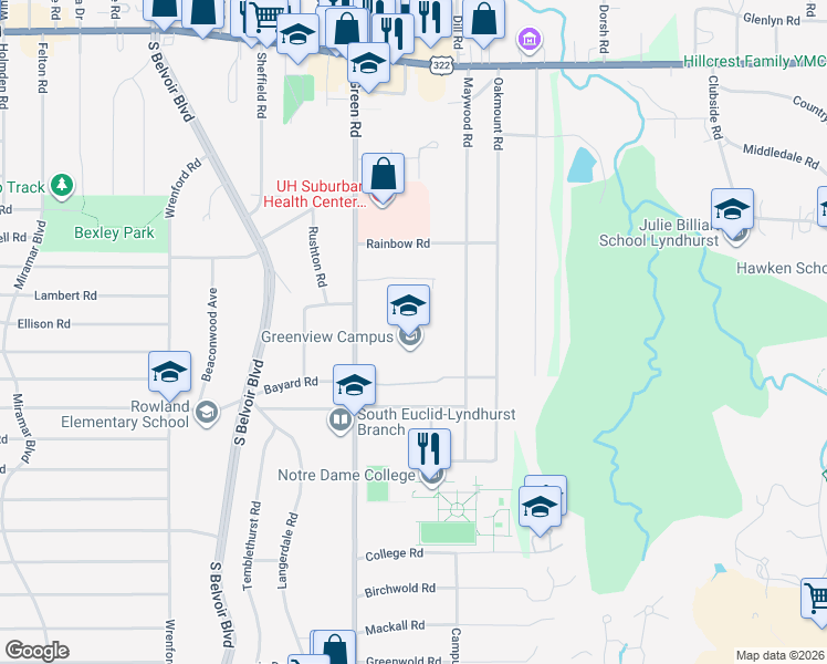 map of restaurants, bars, coffee shops, grocery stores, and more near 1825 South Green Road in South Euclid