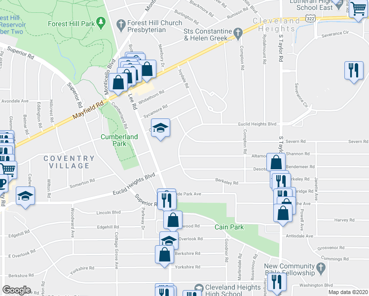map of restaurants, bars, coffee shops, grocery stores, and more near 3248 Euclid Heights Boulevard in Cleveland Heights