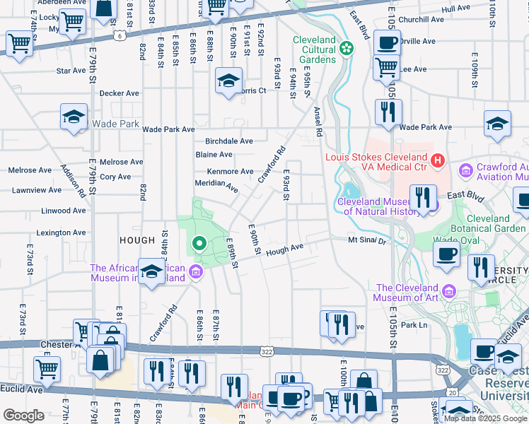 map of restaurants, bars, coffee shops, grocery stores, and more near 1607 Holyrood Road in Cleveland