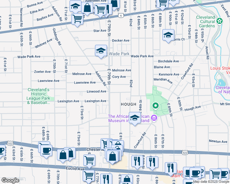 map of restaurants, bars, coffee shops, grocery stores, and more near 8008 Whitethorn Avenue in Cleveland