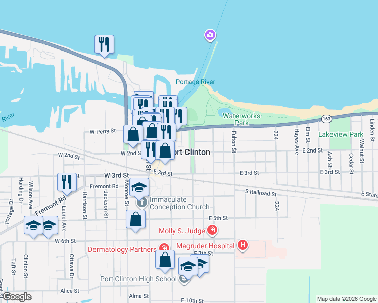 map of restaurants, bars, coffee shops, grocery stores, and more near in Port Clinton
