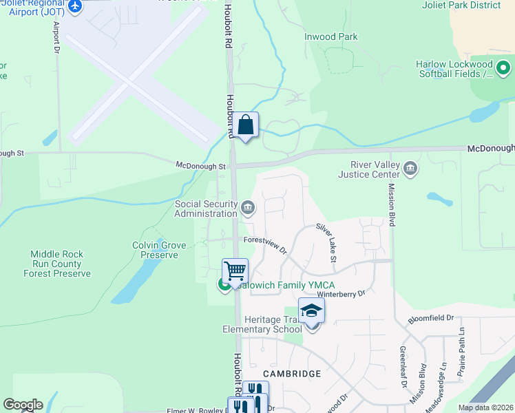 map of restaurants, bars, coffee shops, grocery stores, and more near 519 Silver Leaf Drive in Joliet