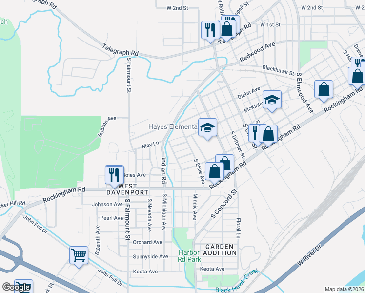 map of restaurants, bars, coffee shops, grocery stores, and more near 3200 McKinley Avenue in Davenport
