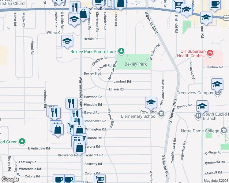 map of restaurants, bars, coffee shops, grocery stores, and more near 4097 Ellison Road in South Euclid