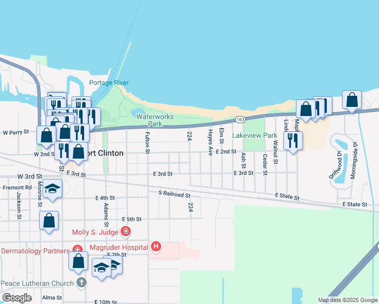 map of restaurants, bars, coffee shops, grocery stores, and more near in Port Clinton