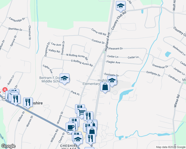 map of restaurants, bars, coffee shops, grocery stores, and more near 520 Maple Avenue in Cheshire