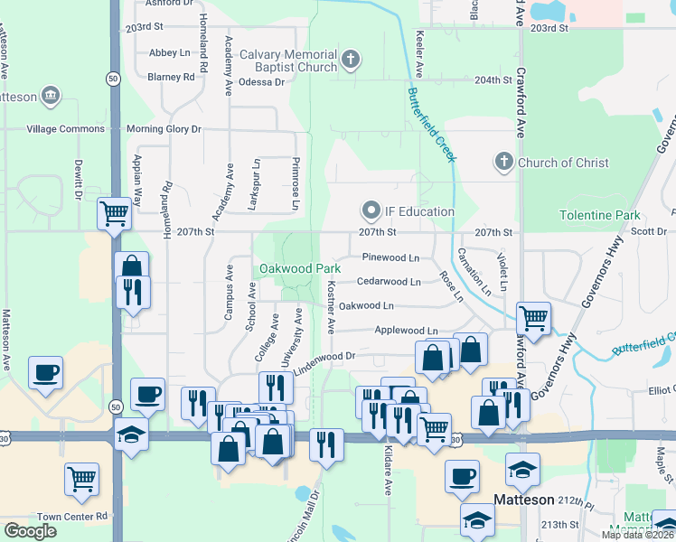 map of restaurants, bars, coffee shops, grocery stores, and more near 727 Kostner Avenue in Matteson