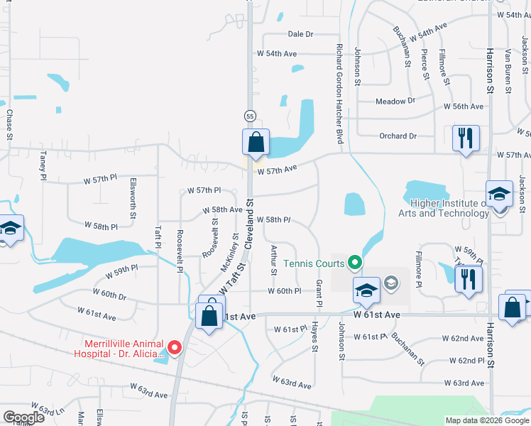 map of restaurants, bars, coffee shops, grocery stores, and more near 1981 West 58th Avenue in Merrillville