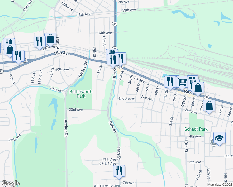 map of restaurants, bars, coffee shops, grocery stores, and more near 171 2nd St in Silvis
