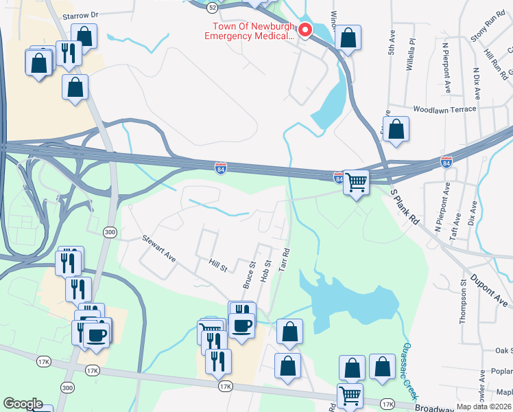 map of restaurants, bars, coffee shops, grocery stores, and more near 178 Brookside Farms Road in Newburgh