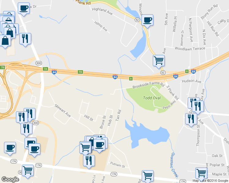 map of restaurants, bars, coffee shops, grocery stores, and more near 164 Brookside Farms Road in Newburgh
