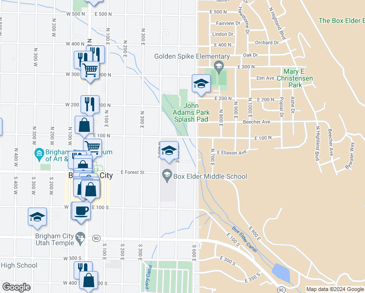 map of restaurants, bars, coffee shops, grocery stores, and more near 90 North 500 East in Brigham City