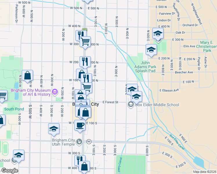 map of restaurants, bars, coffee shops, grocery stores, and more near 86 North 200 East in Brigham City